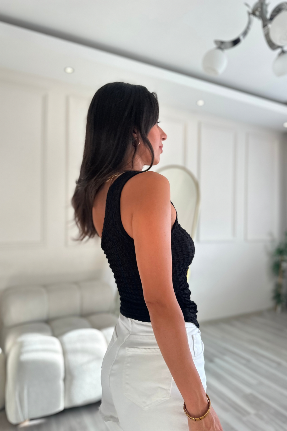 Siyah Tek Omuz Bürümcük Kumaş Ultra Esnek Bluz