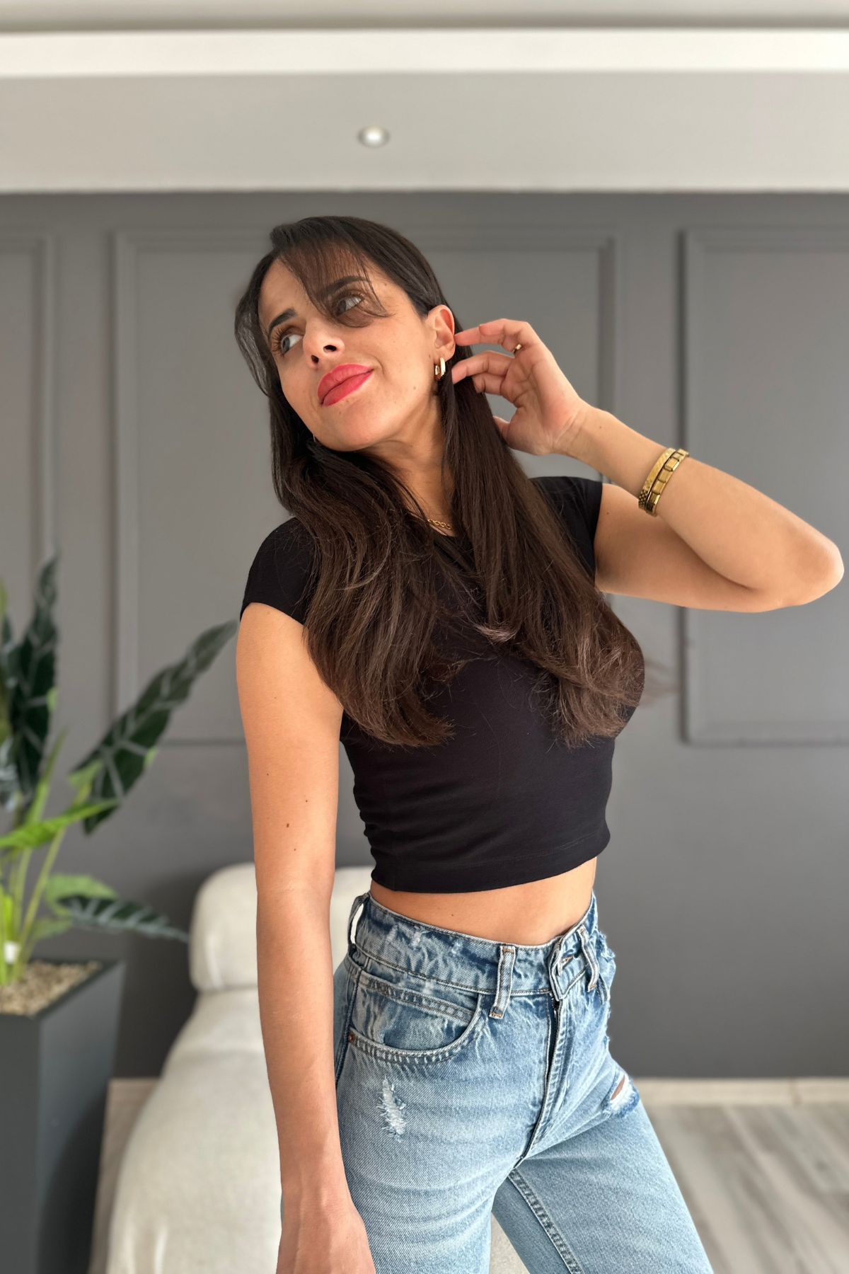 Süper Kumaş Ultra Esnek Siyah Crop T-shirt