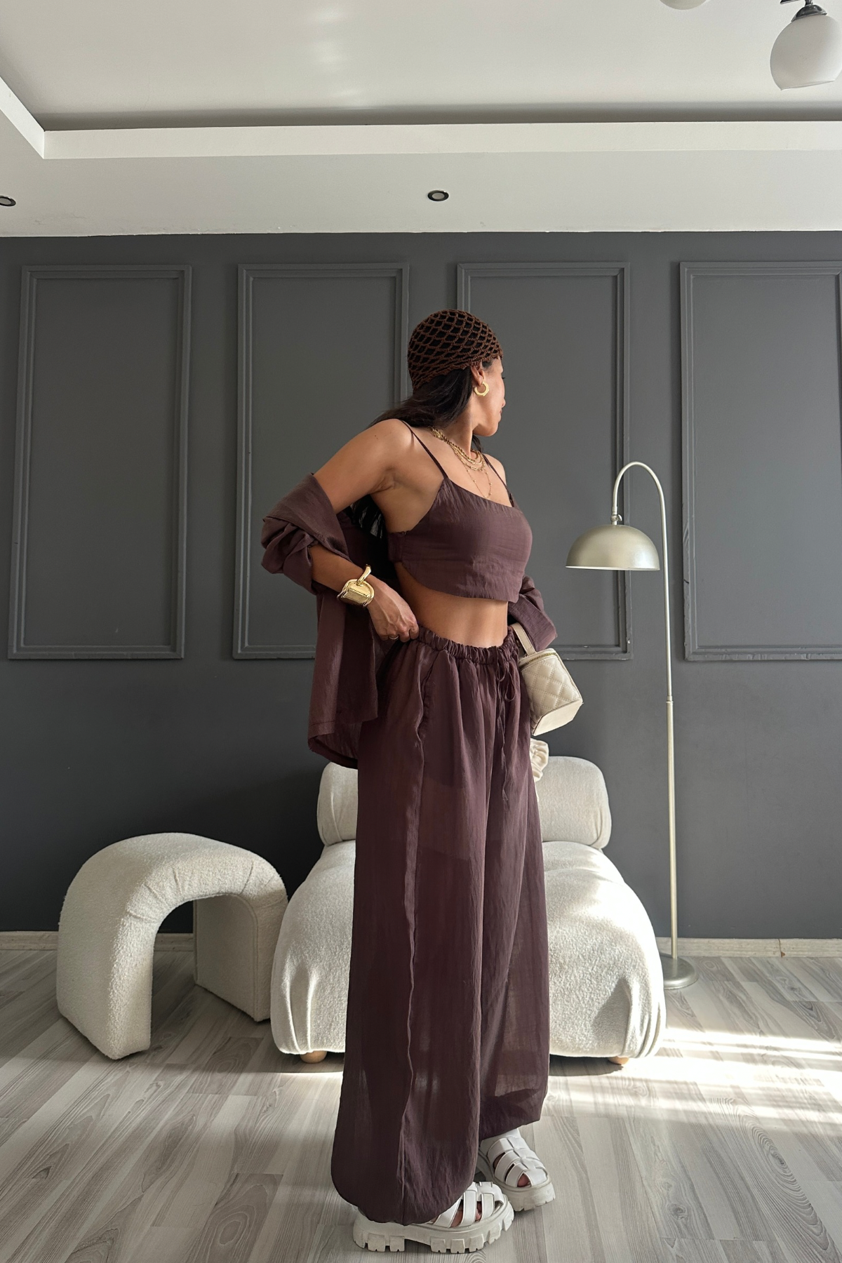 Üçlü Kahve Premium Balon Pantolon Takım