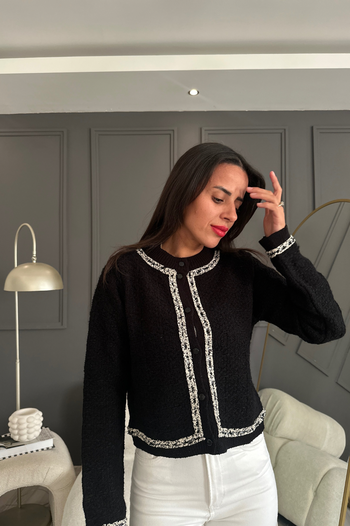 Yaka Ve Kol Şeritli Premium Hırka