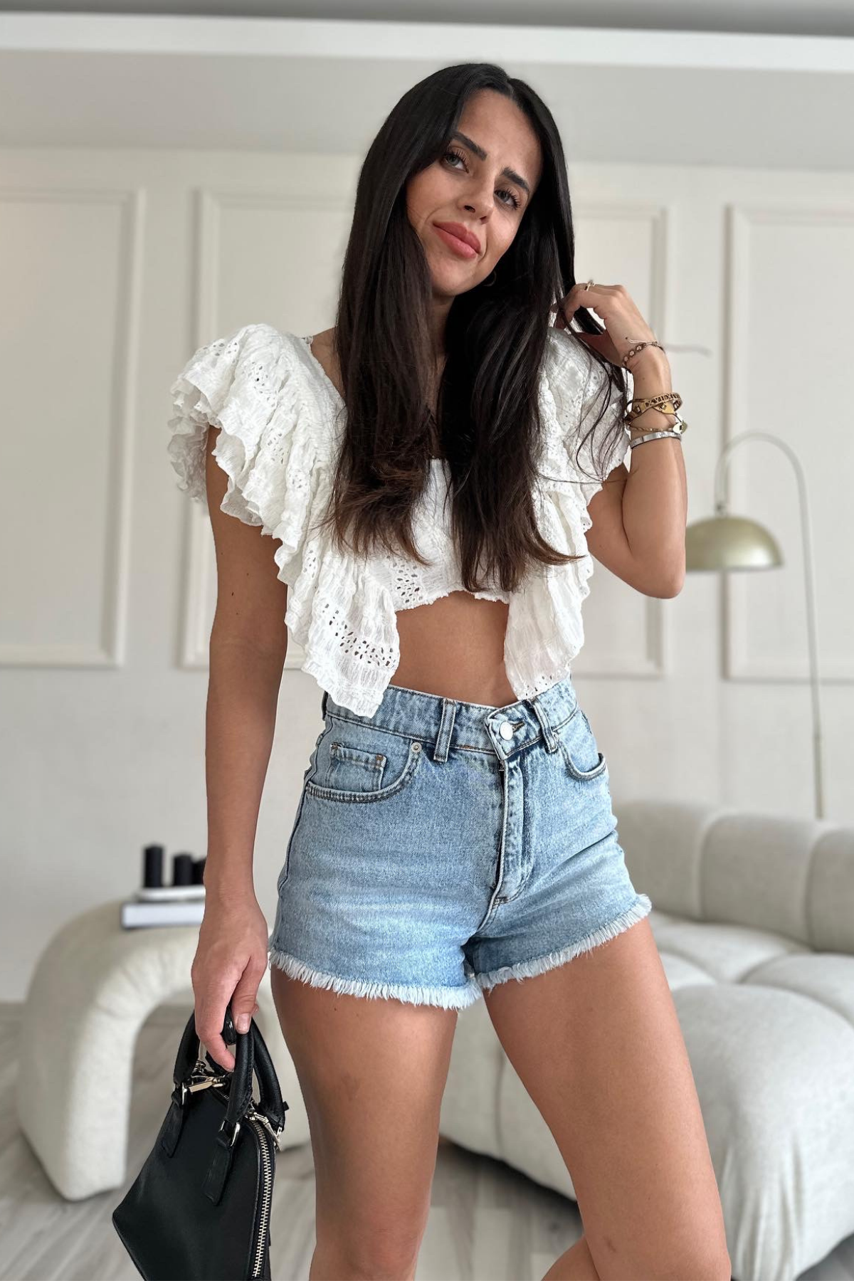 Yüksek Bel Püsküllü Denim Şort