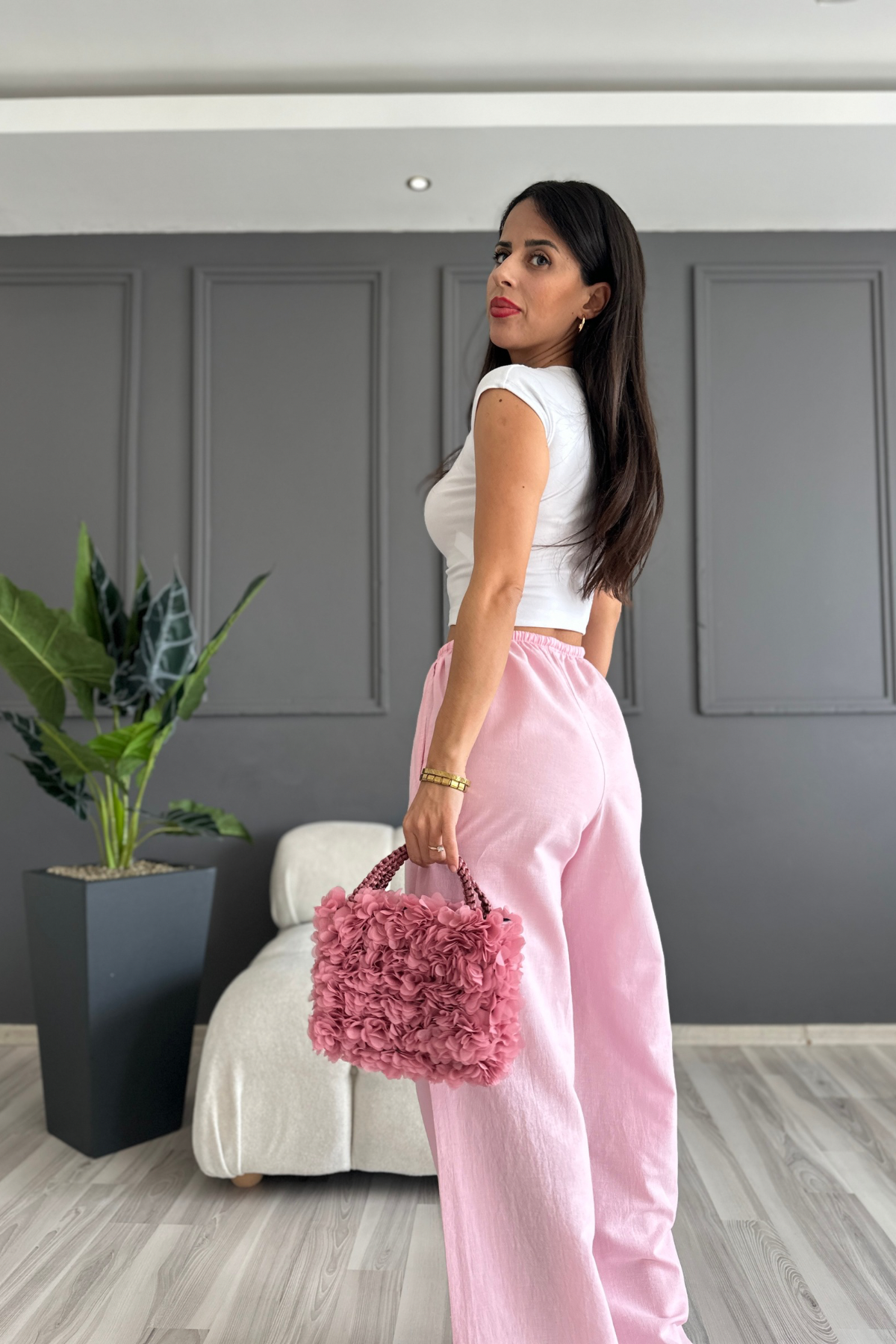 Yüzde Yüz Pamuklu Pembe Dökümlü Keten Pantolon