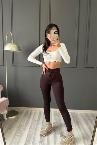 Acı Kahve Push Up Dalgıç Kumaş Cep Detay Toparlayıcı Tayt