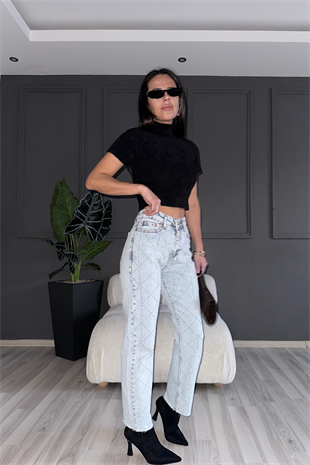 Asimetrik Işıltılı Straight Denim