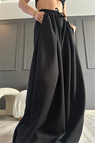 Bağlamalı Siyah Bol Paça Barrel Eşofman