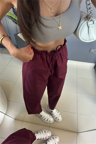 Bel Detay Rami Bordo Bağcıklı Pantolon