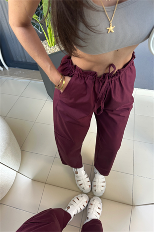 Bel Detay Rami Bordo Bağcıklı Pantolon