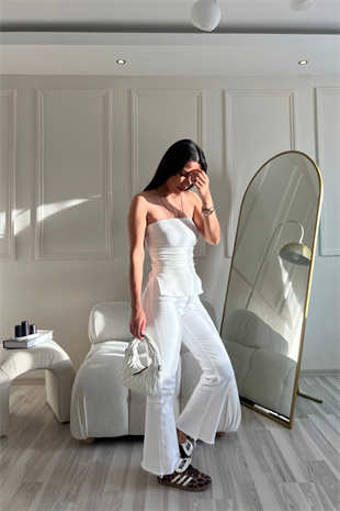 Beyaz Drapeli Straplez Bluz