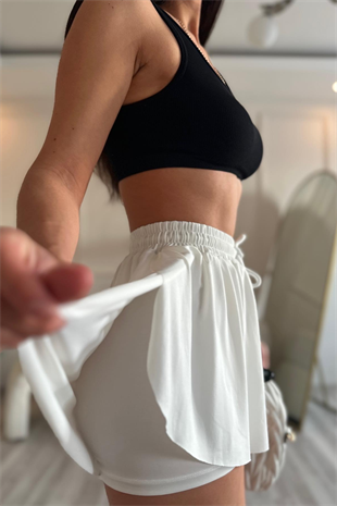 Beyaz  İçi Şortlu Likralı Etek