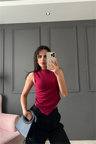 Bordo Asimetrik Kolsuz Bluz