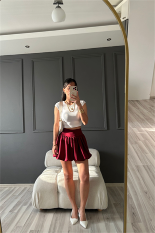 Bordo Likralı Balon Şort Etek