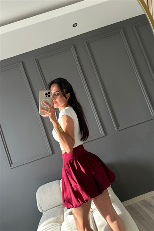 Bordo Likralı Balon Şort Etek