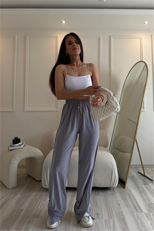 Dökümlü Yırtmaçlı Gri Likralı Pantolon