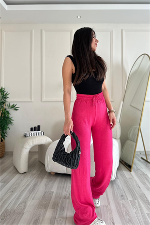 Gofre Kumaş Pembe Pantolon