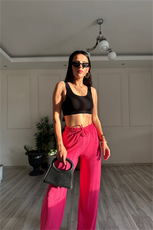 Gofre Kumaş Pembe Pantolon