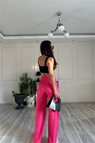 Gofre Kumaş Pembe Pantolon