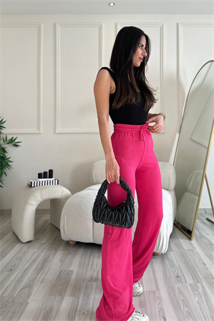 Gofre Kumaş Pembe Pantolon