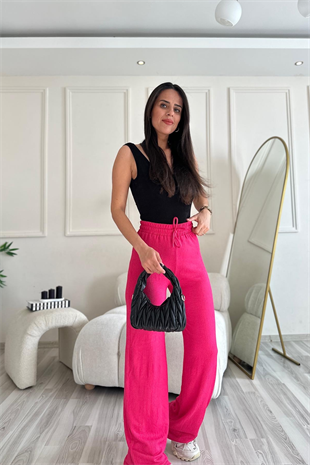 Gofre Kumaş Pembe Pantolon