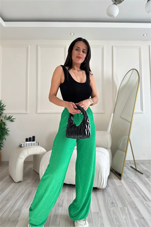 Gofre Kumaş Yeşil Pantolon