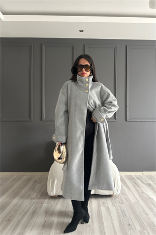 Gold Detaylı Gri Kaşe Kaban