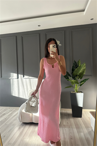 Gold Detaylı Pembe Burble Elbise
