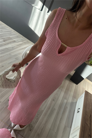 Gold Detaylı Pembe Burble Elbise