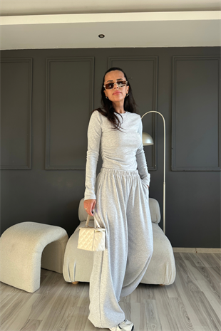 Gri Bel Yan Lastikli Ultra Relax Balon Pantolon Takım