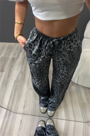 Gri Leopar Parlak Bol Paça Pantolon
