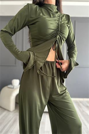 Haki Büzgülü Siyah Bluz Ve Pantolon Takım