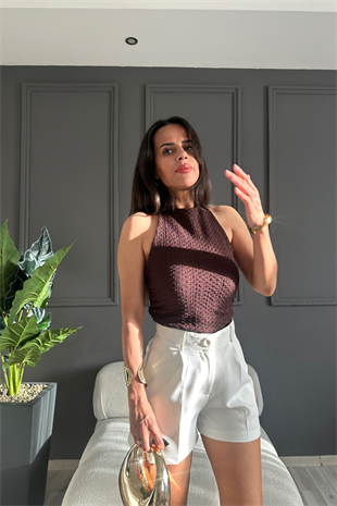 Kahve Ayarlamalı Sırtı Açık Bluz