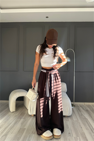 Kahve Şeritli Bel Bağlamalı Modal Pantolon