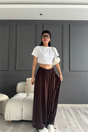 Kahve Yan Bağlamalı Paça Ayarlamalı Tiril Pantolon