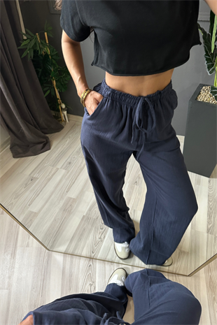 Lacivert Müslin Keten Bol Paça Pantolon