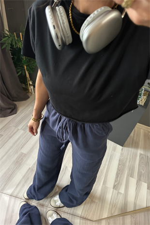 Lacivert Müslin Keten Bol Paça Pantolon