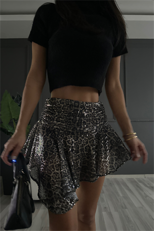 LeoparPayetli Asimetrik Şort Etek