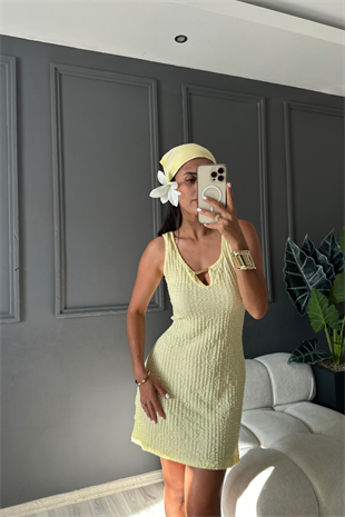 Midi Gold Detaylı Sarı Burble Elbise