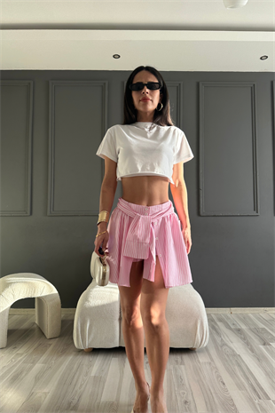 Pembe Bağlamalı Şort Etek