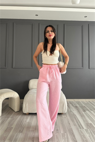 Pembe Çizgili Bol Paça Pantolon