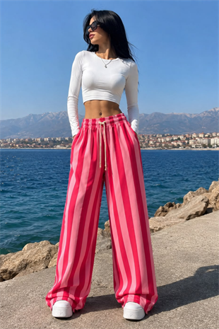 Pembe Çizgili Tasarım Pantolon 