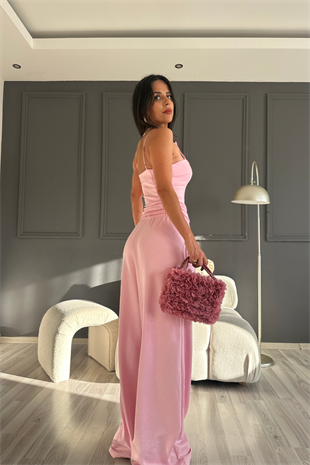 Pembe  Dantel Detaylı Askılı Modal Kumaş Takım