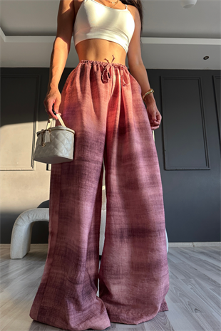 Pembe Dökümlü Bol Paça Pantolon
