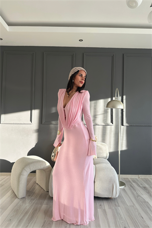Pembe Dökümlü Düğme Detaylı Fular Parçalı Astarlı Elbise