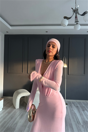 Pembe Dökümlü Düğme Detaylı Fular Parçalı Astarlı Elbise