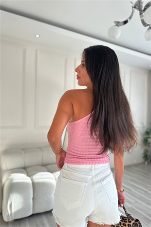 Pembe Tek Omuz Bürümcük Kumaş Ultra Esnek Bluz