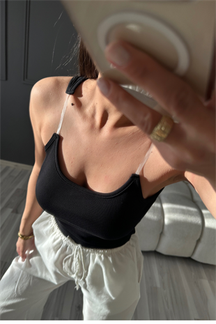 Şeffaf İp Askılı Siyah Fitilli Bluz