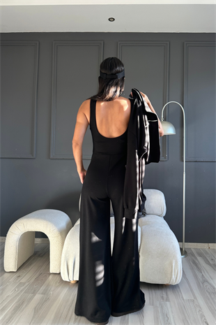 Siyah Sırtı Açık Tulum Ceket Takım