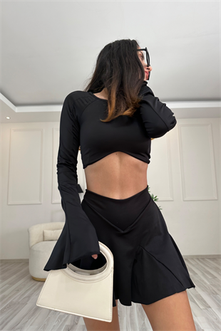 Şort Etekli Siyah Crop Takım