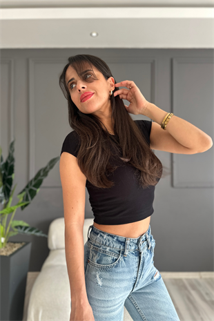 Süper Kumaş Ultra Esnek Siyah Crop T-shirt