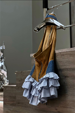 Tasarım Süet Jessica Kumaş Denim Detaylı Premium Elbise