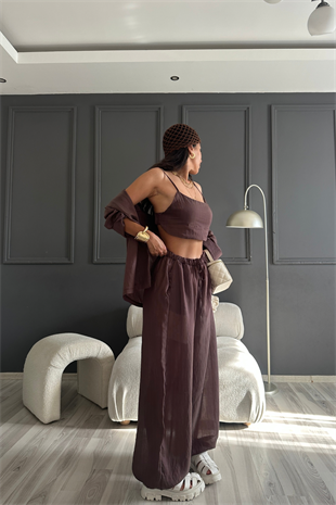 Üçlü Kahve Premium Balon Pantolon Takım